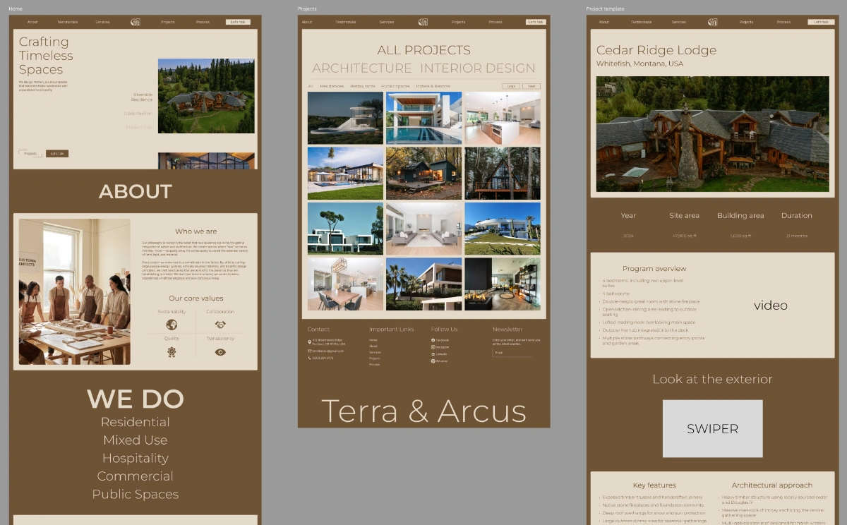 Website layout showing architecture firm Terra & Arcus with sections for About, All Projects gallery of modern buildings, and a project detail page for Cedar Ridge Lodge in Montana.
