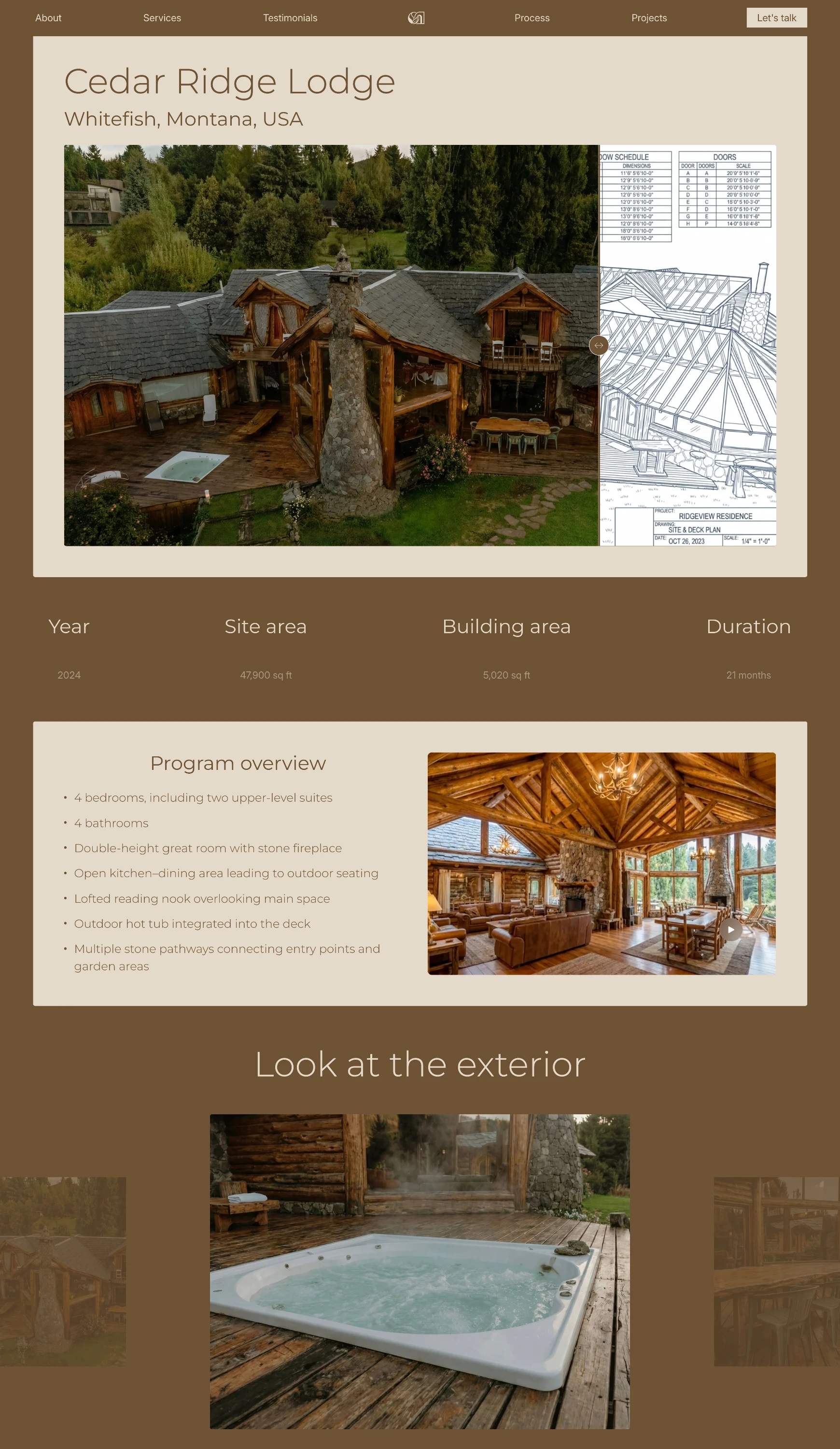 Rustic Cedar Ridge Lodge in Whitefish, Montana, with large stone chimney, wooden deck, outdoor hot tub, surrounded by trees.