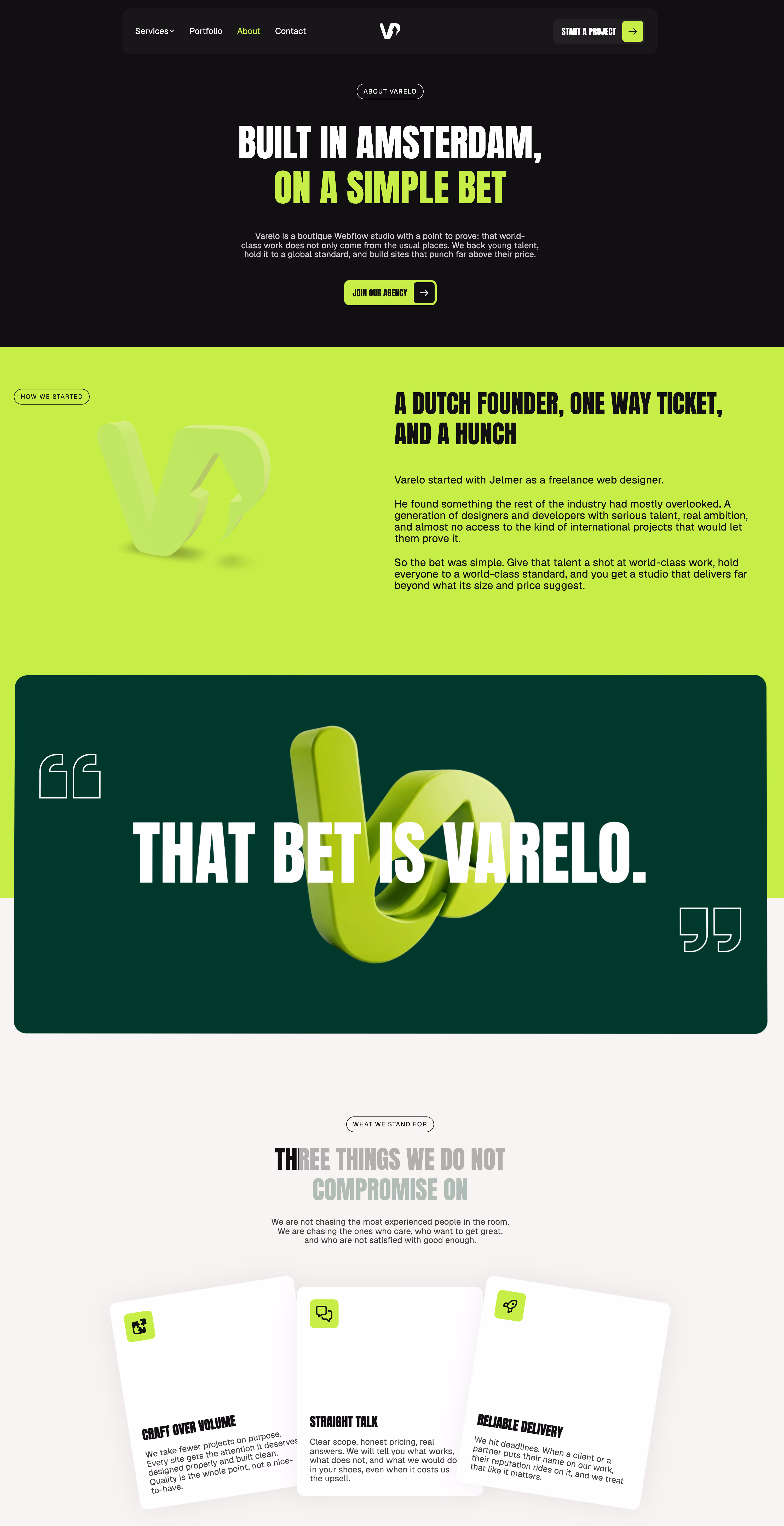 Varelo website about page with text on their mission, values, and a green 3D logo on black and green backgrounds.